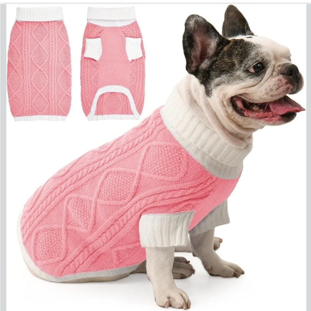 Pink Cable Knit Dog Sweater Turtleneck Warm Pet Jumper Soft‎ Winter Clothes